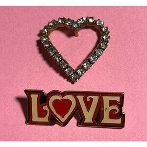 2 Valentine Pins - Rhinestone Heart and LOVE  *EUC